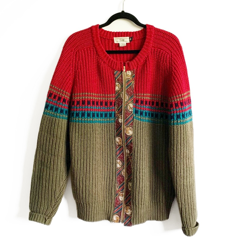 Gap Vintage 80’s Wool Chunky Colorful Cardigan Sweater Zip Front Colorblock